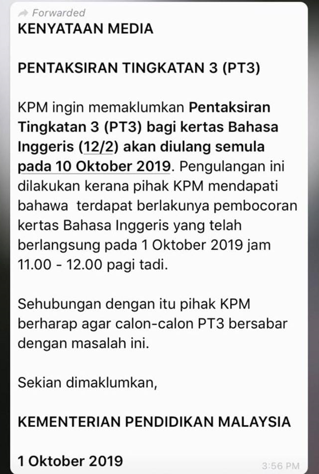 Kertas Bahasa Inggeris Pt3 Akan Diulang Semula Pada 10 Oktober 2019 Sebenarnya My